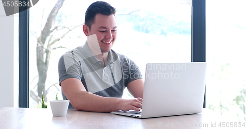 Image of businessman working using a laptop in startup office