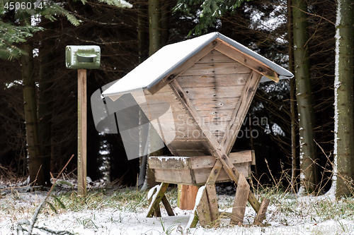 Image of Feeder in a forest in winter with snow in Bavaria