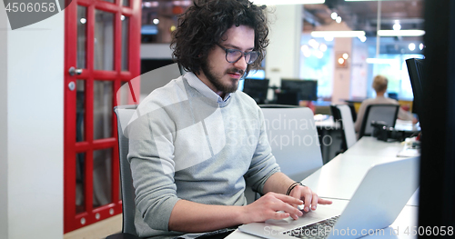 Image of businessman working using a laptop in startup office