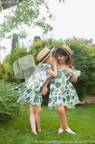 Image of Portrait of smiling beautiful girls with hats against green grass at summer park.