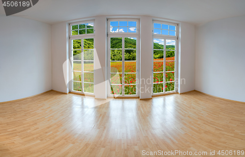 Image of View from an empty apartment to a romantic landscape