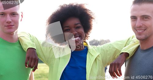 Image of Portrait of multiethnic group of young people on the jogging