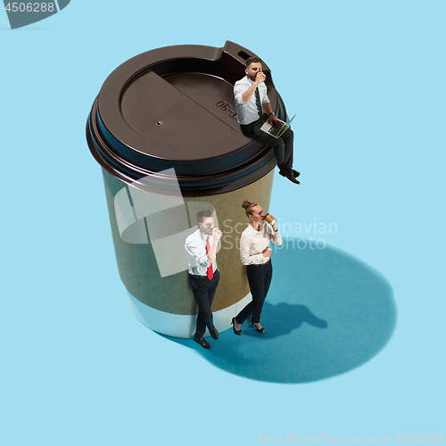 Image of Flat isometric view of businessmen and woman with big cup of cof