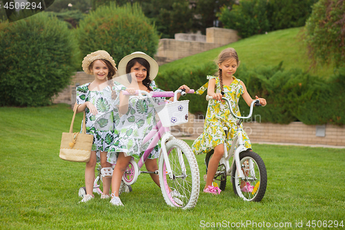 Image of Beautiful little girls riding a bicycle through the park. Nature, lifestyle