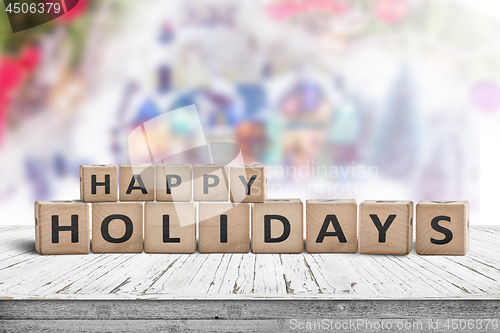 Image of Happy Holidays sign made of wooden toy cubes