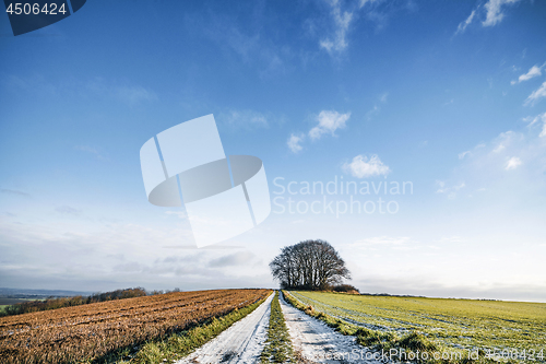 Image of Snow on a countryside road with colorful fields