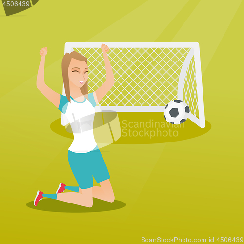 Image of Young caucasian soccer player celebrating a goal.