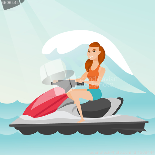 Image of Caucasian woman riding on water scooter in the sea