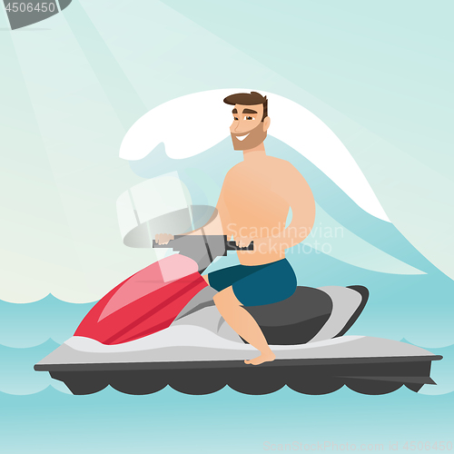 Image of Caucasian man riding on a water scooter in the sea