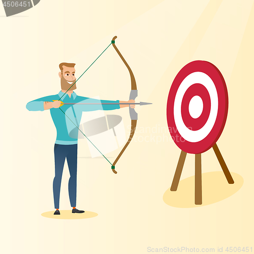 Image of Bowman aiming with a bow and arrow at the target.