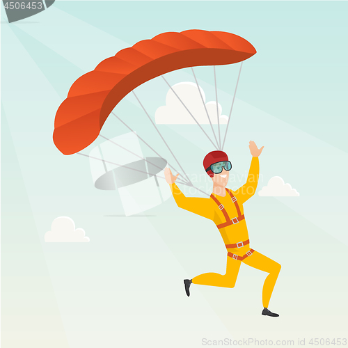 Image of Young caucasian skydiver flying with a parachute.
