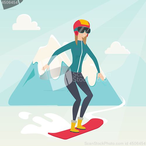 Image of Young caucasian woman snowboarding.