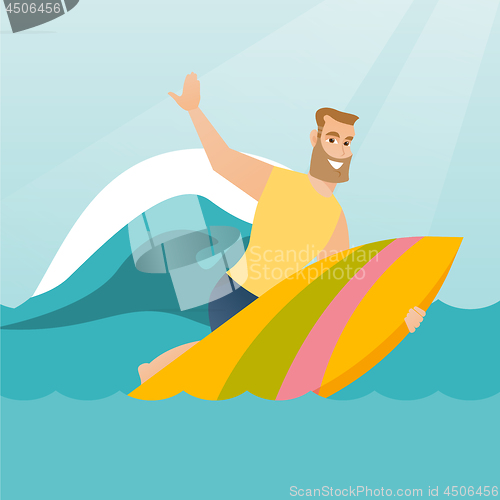 Image of Young caucasian surfer in action on a surfboard.