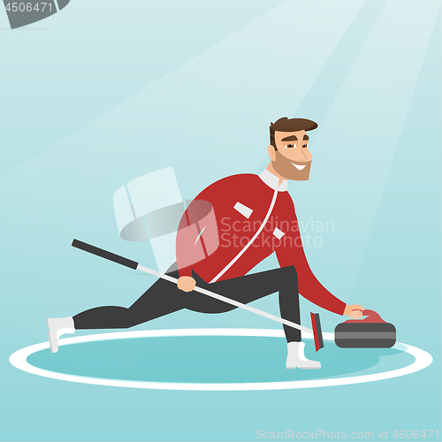 Image of Sportsman playing curling on a skating rink.