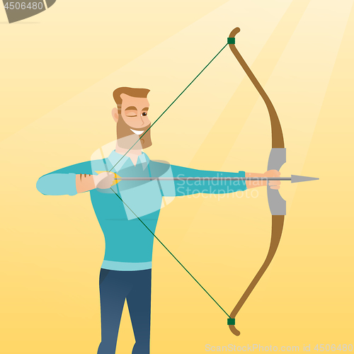Image of Young caucasian archer training with a bow.