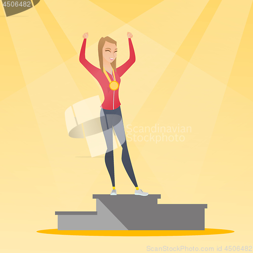 Image of Caucasian sportswoman celebrating on winner podium