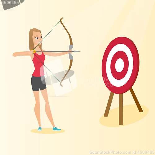 Image of Sportswoman aiming with a bow and arrow at target.