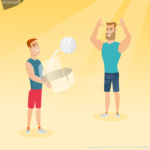 Image of Two caucasian men playing beach volleyball.