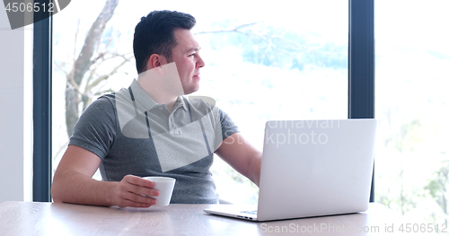 Image of businessman working using a laptop in startup office