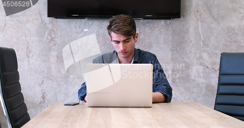 Image of businessman working using a laptop in startup office