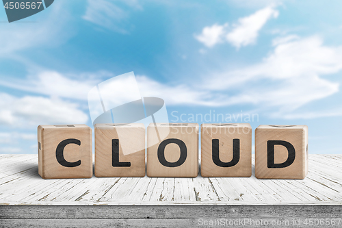 Image of Cloud computing sign on a table with white clouds