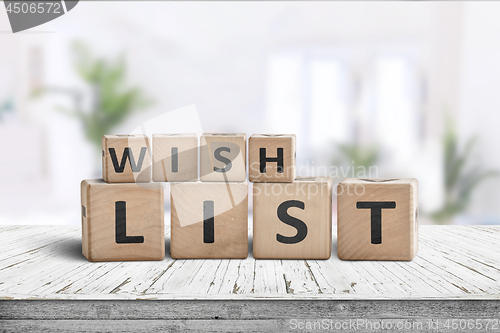 Image of Wish list sign made of wooden blocks