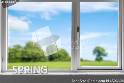 Image of Decor spring in a window sill with a view to a green garden 