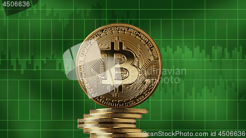 Image of Stack of gold coins bitcoin on a green background