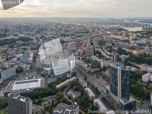 Image of Panoramic aerial view from the drone of the the central part of the city Kiev, Ukraine, with old and modern buildings of the city.