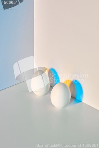 Image of Two eggs are presented on a triple gray-blue beige background with a reflection of shadows and space for text. Easter.