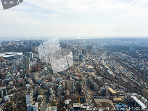 Image of The city landscape with railroad tracks and the Olympic Sports Complex. Kiev, Ukraine