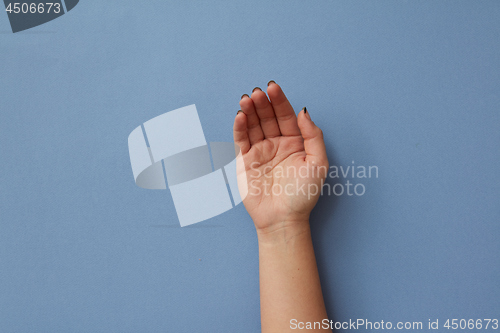 Image of Female hand isolated on blue background