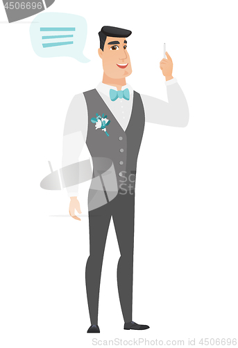 Image of Young caucasian groom with speech bubble.