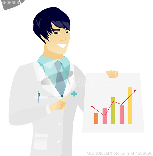 Image of Young asian doctor showing financial chart.