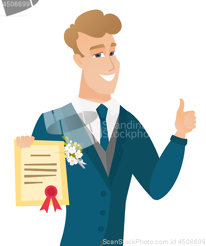 Image of Young caucasian groom holding a certificate.