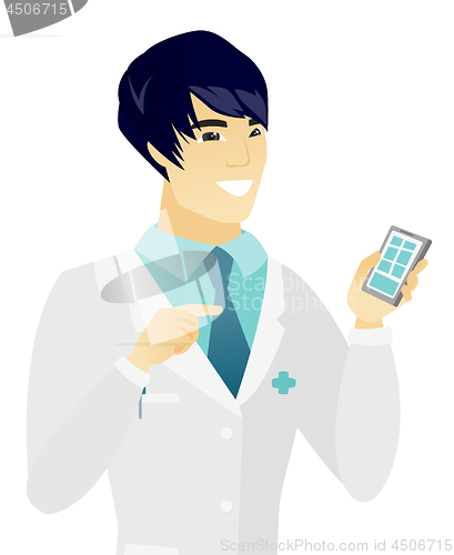 Image of Young asian doctor holding a mobile phone.