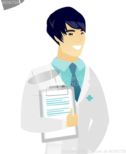 Image of Asian doctor holding clipboard with documents.