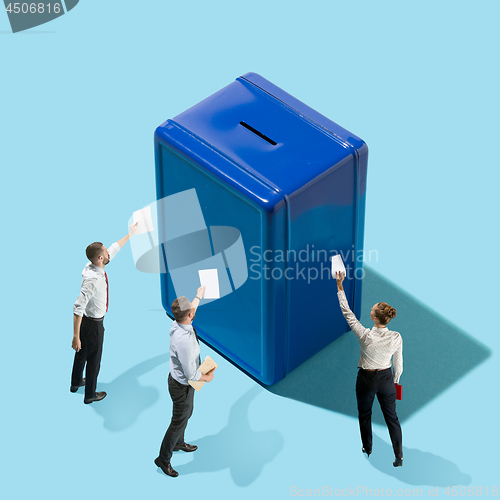 Image of Flat isometric view of businessmen and piggy bank or cash bank