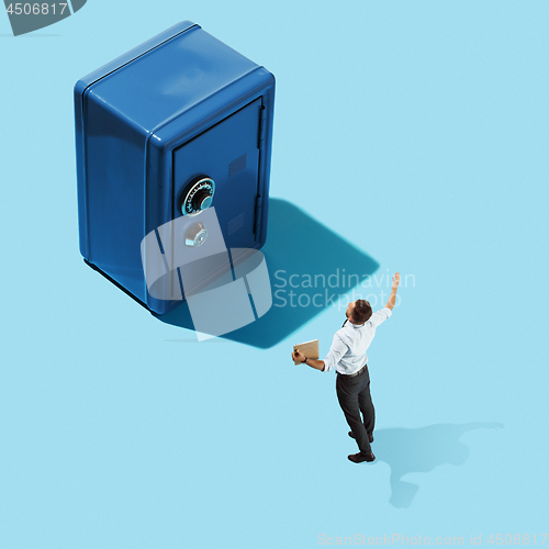 Image of Flat isometric view of businessmen and piggy bank or cash bank