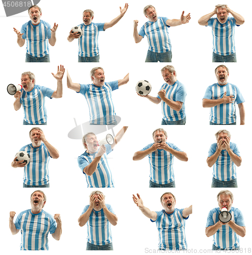 Image of The Argentinean soccer fan celebrating on white background