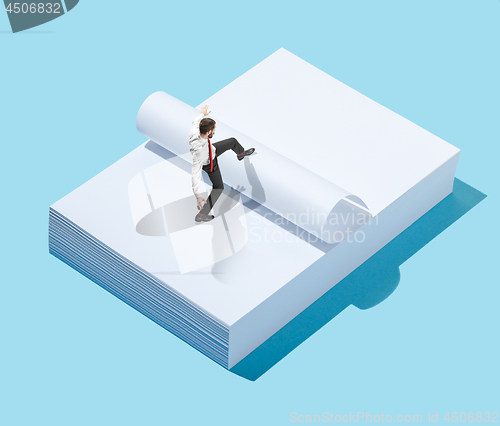 Image of Flat isometric view of businessman going at blank sheets of paper with empty copy space