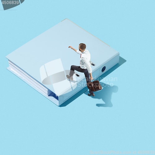 Image of Flat isometric view of businessman going at folder with documents with empty copy space