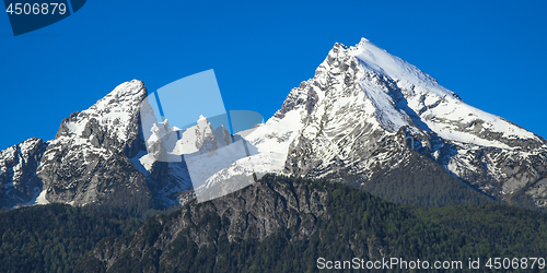 Image of Spring snow-capped peaks of Watzmann mountain in national park B