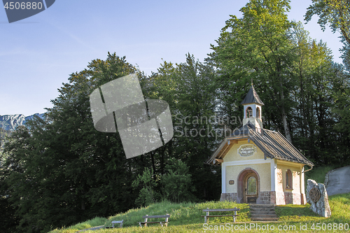 Image of Sunlight morning view of tourist attraction small chapel