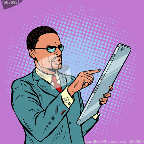 Image of african businessman and smartphone with big screen