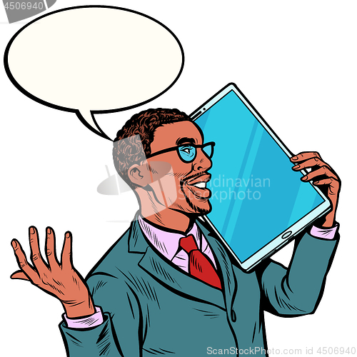 Image of african Businessman talking on the phone with a very large screen, tablet. humor gadgets technique