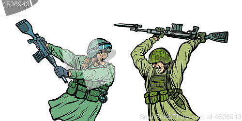 Image of war and hatred. soldiers kill each other. isolate on white background