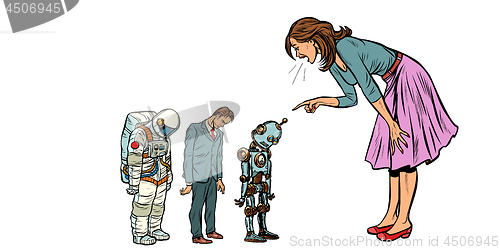 Image of The woman scolds businessman, spaceman and robot