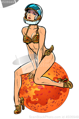 Image of red planet Mars sexy beautiful woman astronaut in bikini