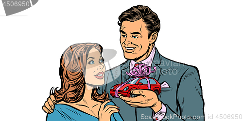 Image of man and woman, car gift. isolate on white background